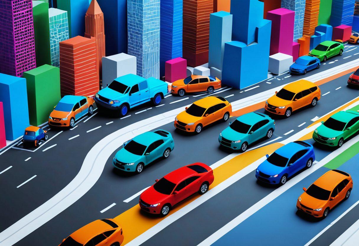 A colorful map highlighting various car insurance coverage options, with icons representing discounts and rates along the route. Include a diverse group of people exploring the map, engaged in discussion, and looking at cars of different styles. The background should be a vibrant cityscape symbolizing modernity and connectivity. super-realistic. vibrant colors. 3D.