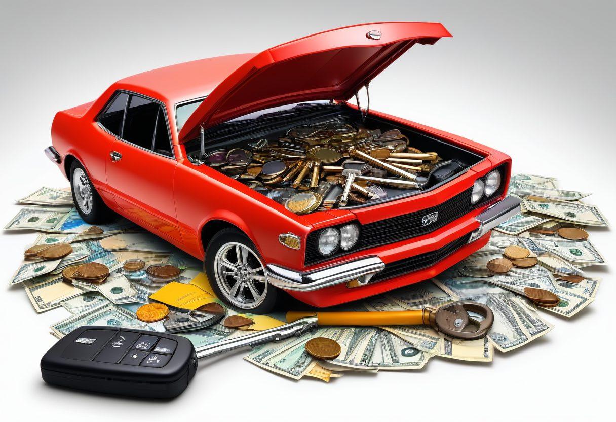 A visually engaging collage representing affordable auto insurance; feature a locked treasure chest filled with car keys, beneath a magnifying glass analyzing an insurance policy. Include a calculator, coins, and a car silhouette in the background, symbolizing savings and coverage. Use vibrant colors and a sleek, modern design. vector art. bright colors. dynamic composition.