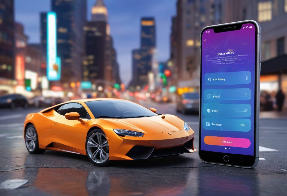 A modern smartphone displaying a vibrant user interface with instant car insurance quotes on the screen, surrounded by symbolic icons of cars, dollar signs, and protection shields. In the background, hints of a cityscape suggest accessibility and technology. The scene should convey ease of use and cost-effectiveness, with a bright and inviting color palette. super-realistic. vibrant colors. white background.